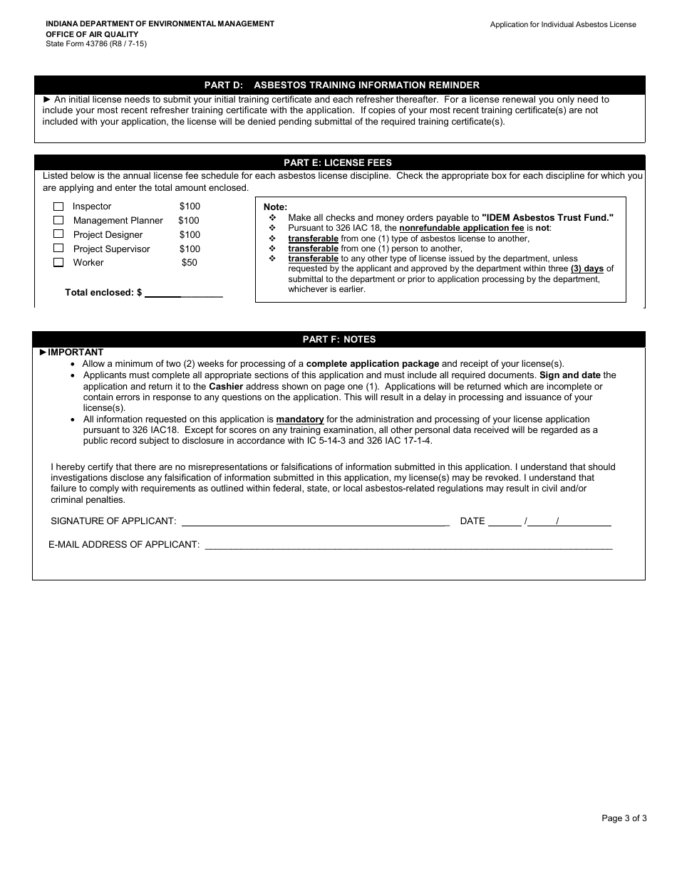 State Form 43786 Application for Individual Asbestos License - Indiana, Page 3
