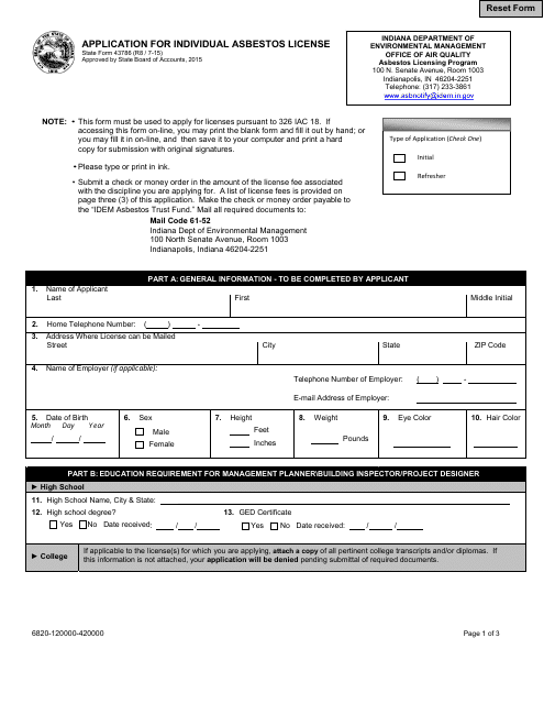 State Form 43786 Application for Individual Asbestos License - Indiana