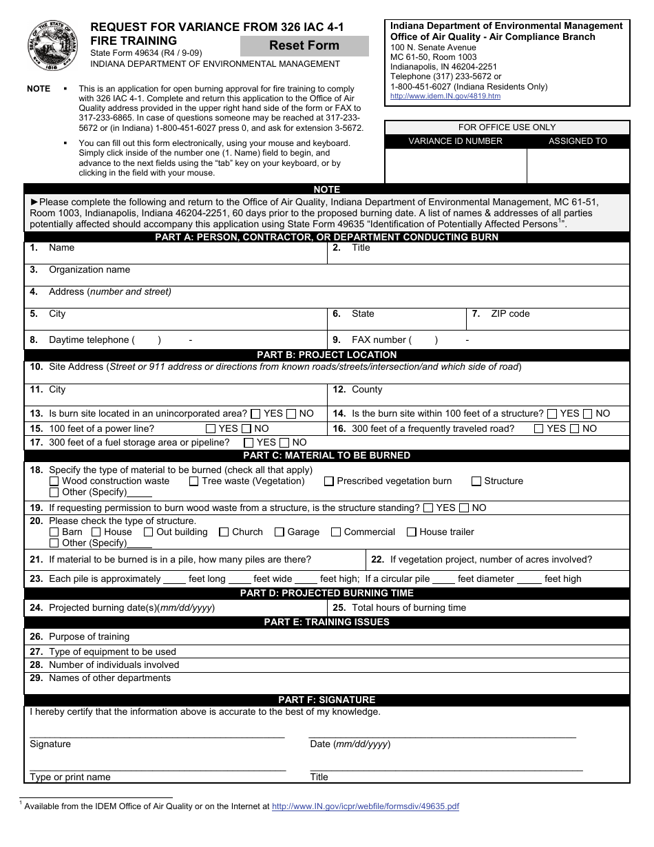 State Form 49634 Request for Variance From 326 Iac 4-1 (Fire Training) - Indiana, Page 1