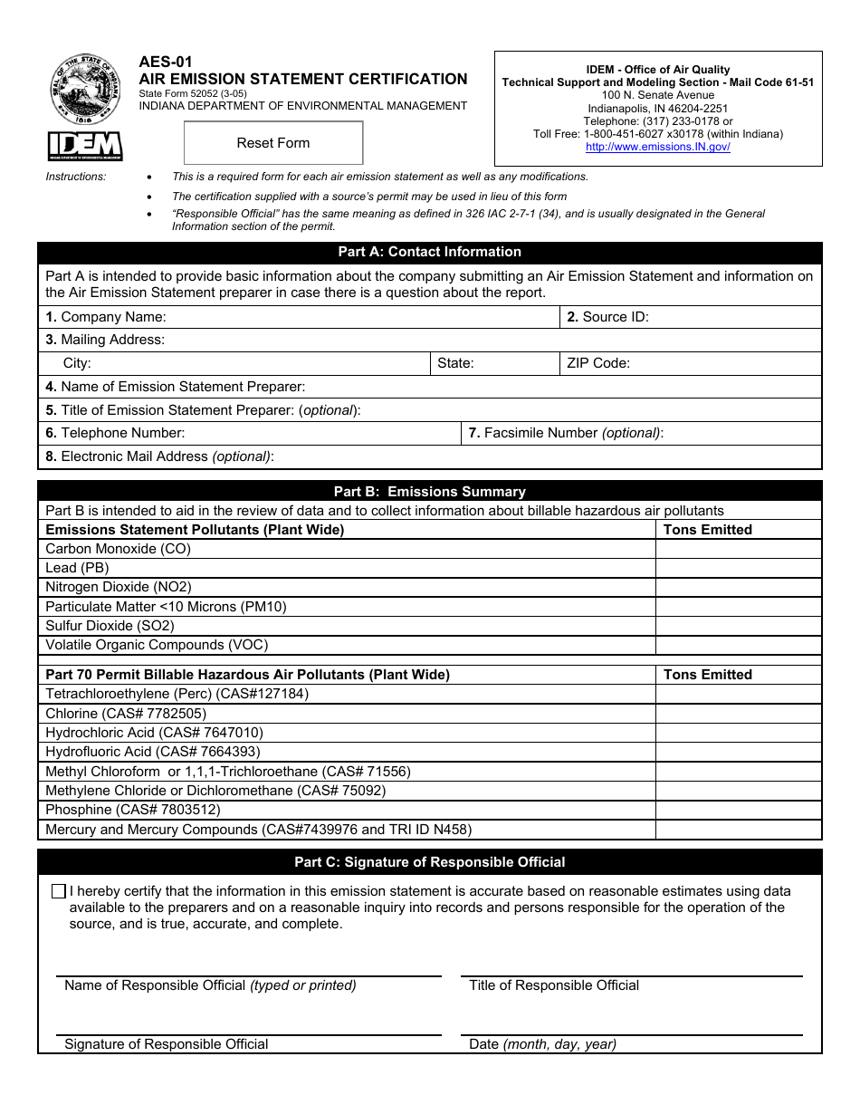 State Form 52052 (AES-01) Air Emission Statement Certification - Indiana, Page 1