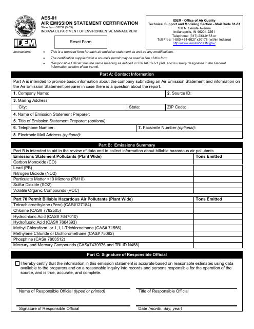 State Form 52052 (AES-01) Air Emission Statement Certification - Indiana