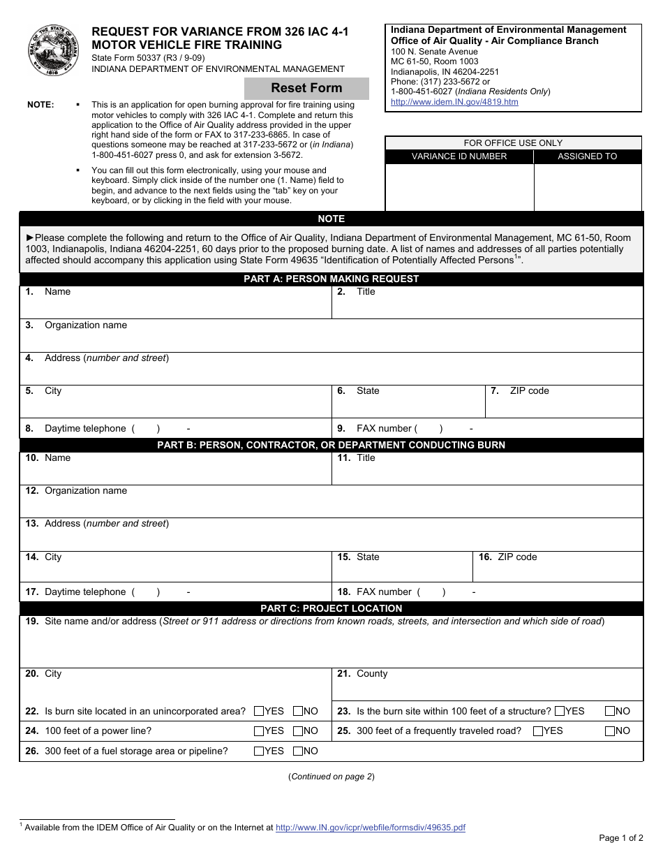 State Form 50337 Request for Variance From 326 Iac 4-1 (Motor Vehicle Fire Training) - Indiana, Page 1