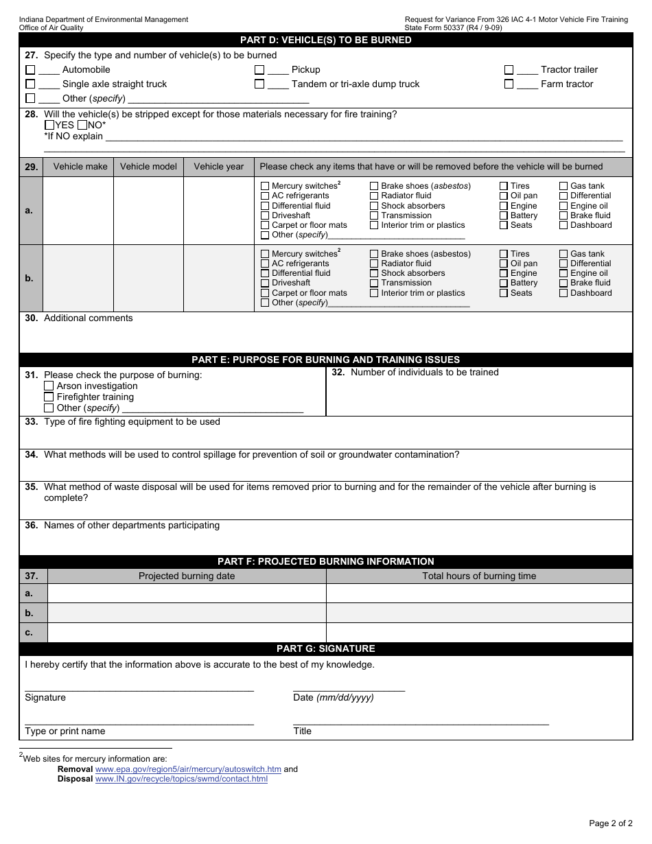 State Form 50337 Request for Variance From 326 Iac 4-1 (Motor Vehicle Fire Training) - Indiana, Page 2