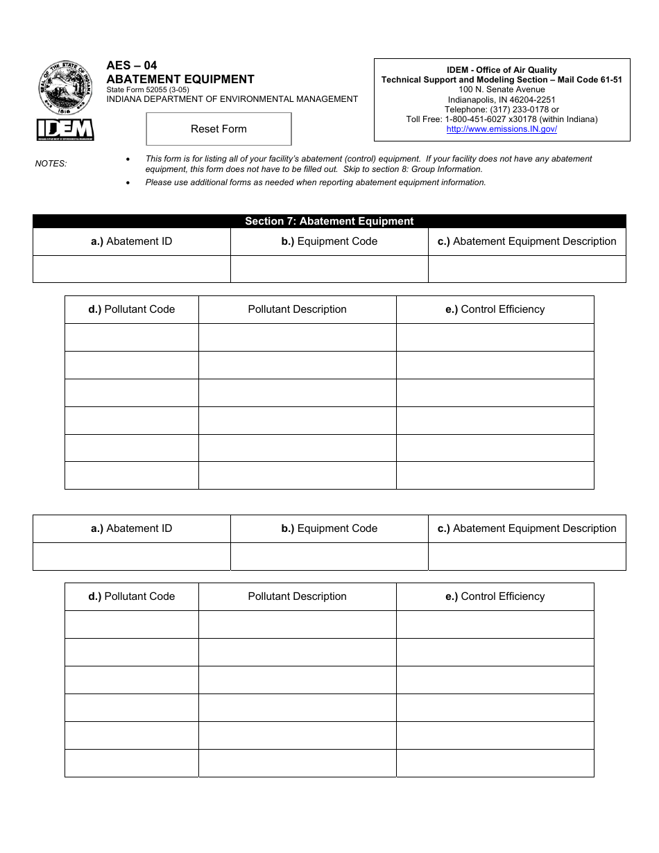State Form 52055 (AES-04) Abatement Equipment - Indiana, Page 1