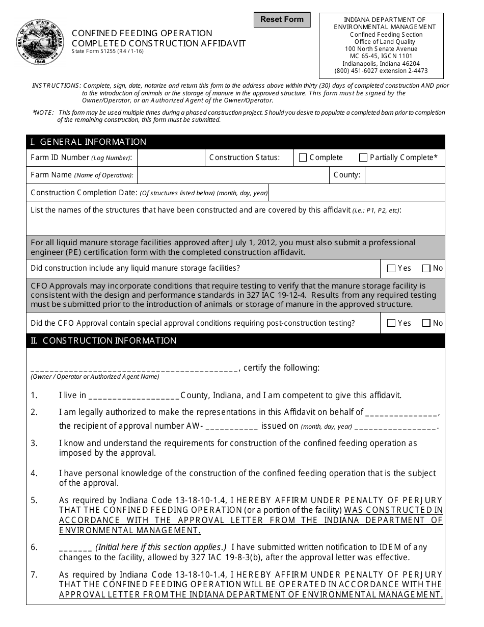 State Form 51255 Confined Feeding Operation Completed Construction Affidavit - Indiana, Page 1