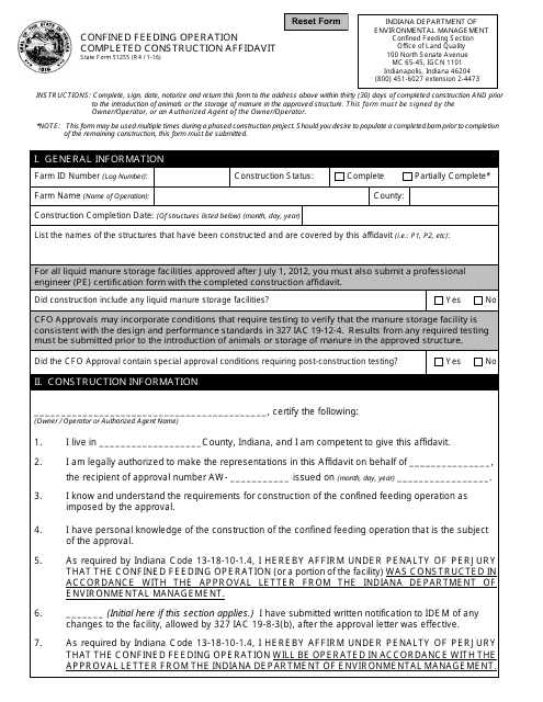 State Form 51255 Confined Feeding Operation Completed Construction Affidavit - Indiana