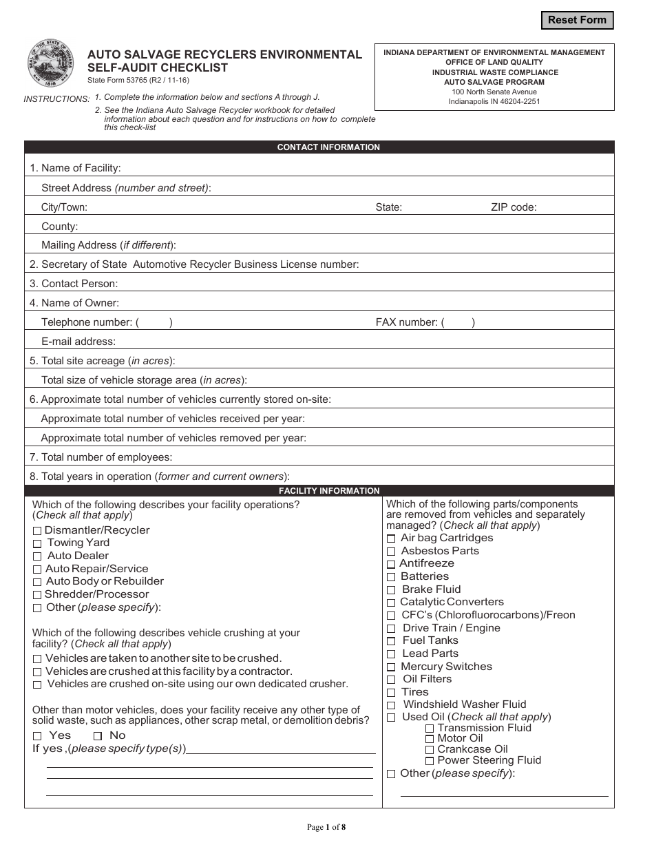 State Form 53765 Auto Salvage Recyclers Environmental Self-audit Checklist - Indiana, Page 1