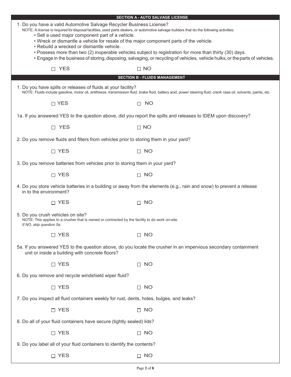 State Form 53765 Auto Salvage Recyclers Environmental Self-audit Checklist - Indiana, Page 2
