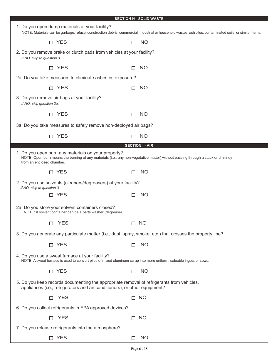 State Form 53765 Auto Salvage Recyclers Environmental Self-audit Checklist - Indiana, Page 6