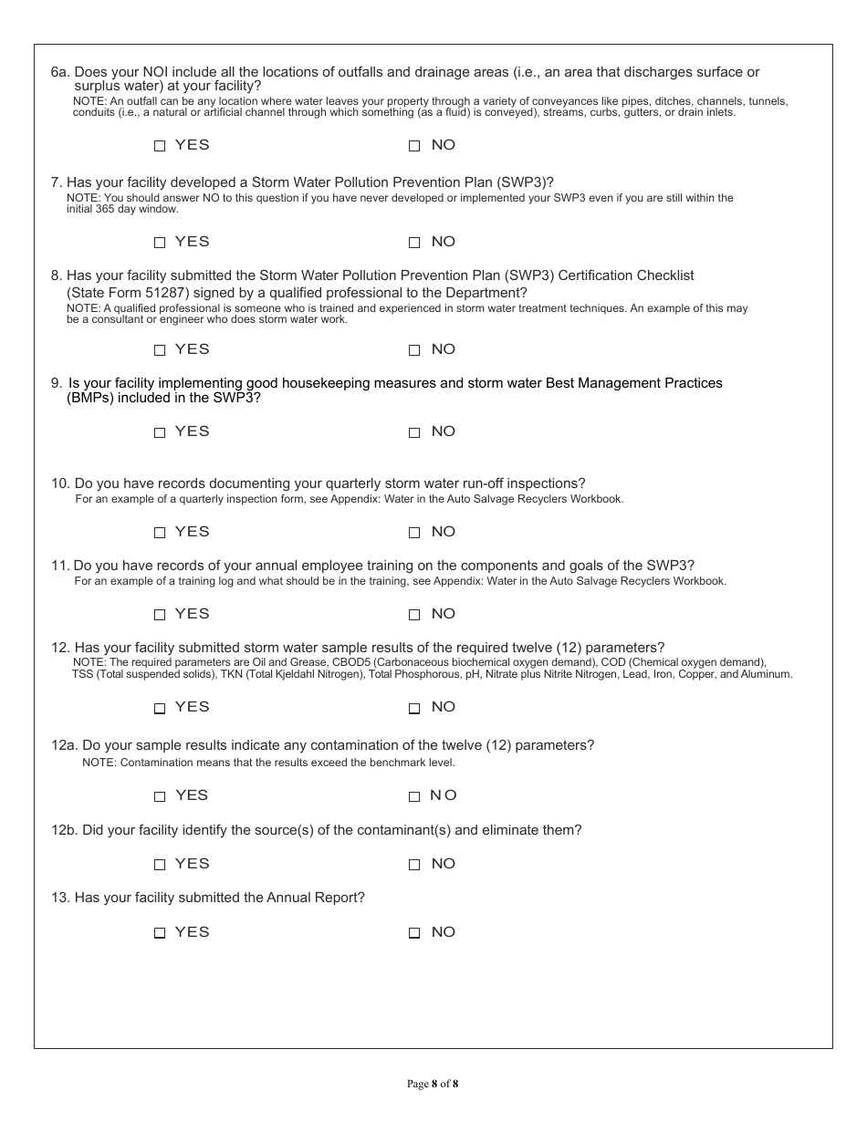 State Form 53765 Auto Salvage Recyclers Environmental Self-audit Checklist - Indiana, Page 8