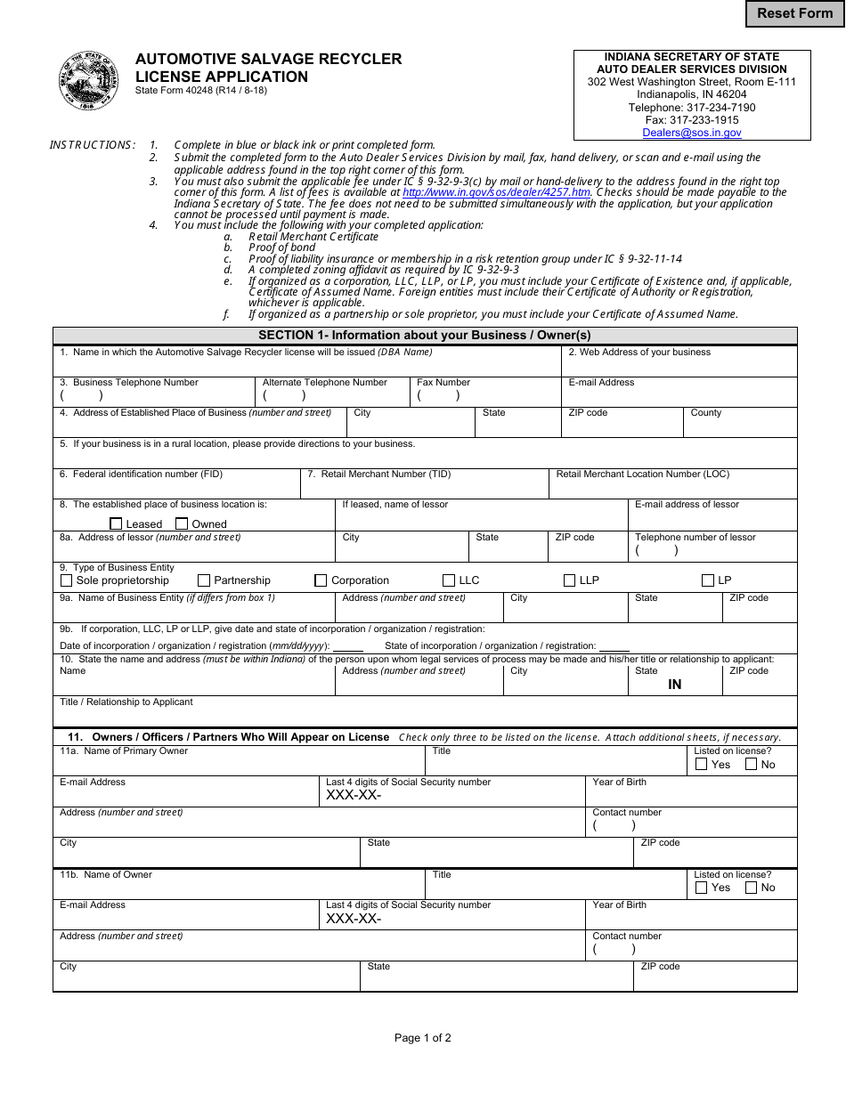State Form 40248 Automotive Salvage Recycler License Application - Indiana, Page 1