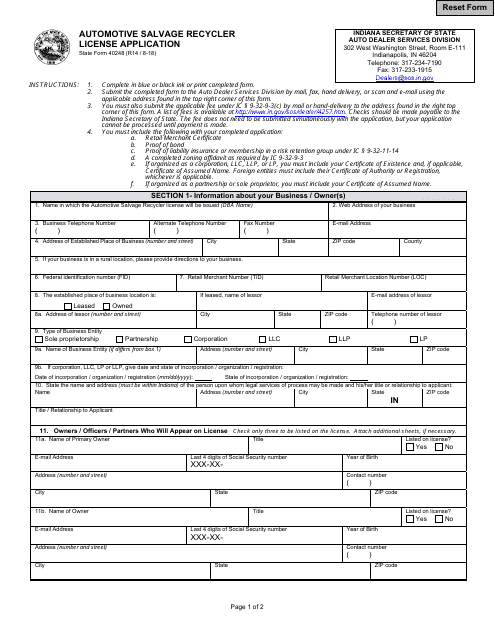 State Form 40248 Automotive Salvage Recycler License Application - Indiana