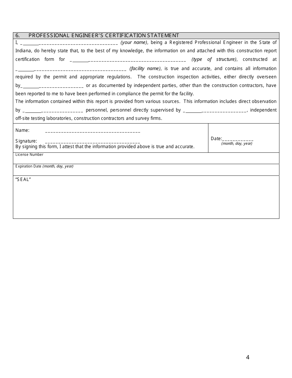 State Form 55052 Professional Engineer Certification Construction of Earthen Liquid Manure Storage Structures - Indiana, Page 4