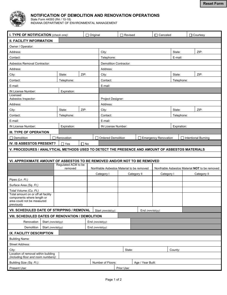 State Form 44593 Notification of Demolition and Renovation Operations - Indiana, Page 1