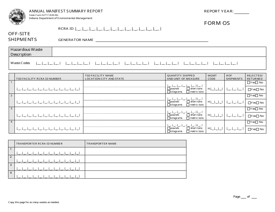 State Form 52717 (OS) Annual Manifest Summary Report - Indiana, Page 1