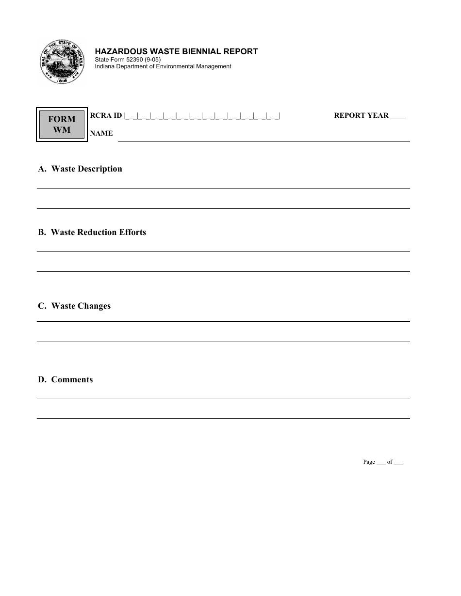 State Form 52390 (WM) Hazardous Waste Biennial Report - Indiana, Page 1
