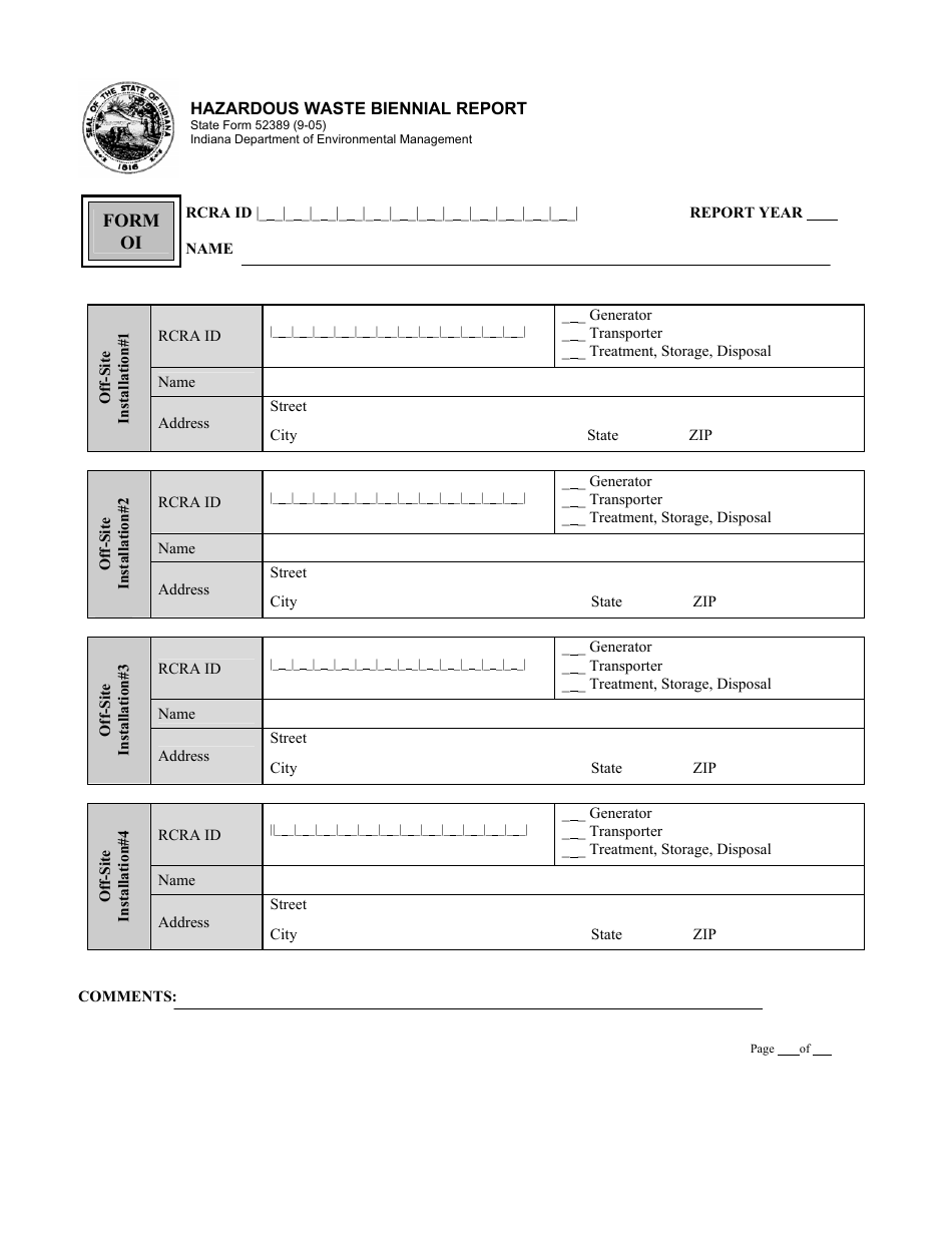 State Form 52389 (OI) Hazardous Waste Biennial Report - Indiana, Page 1