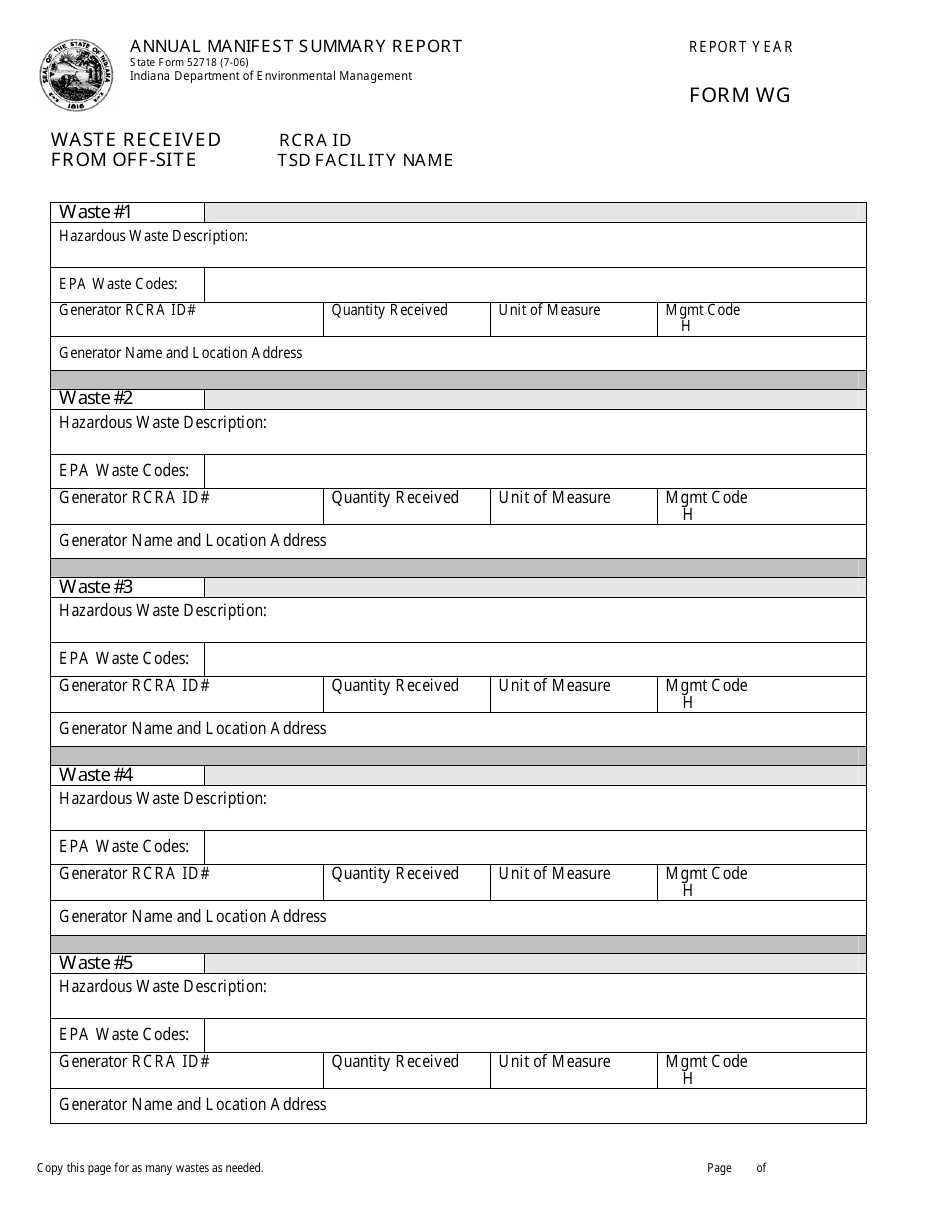 State Form 52718 (WG) Annual Manifest Summary Report - Indiana, Page 1