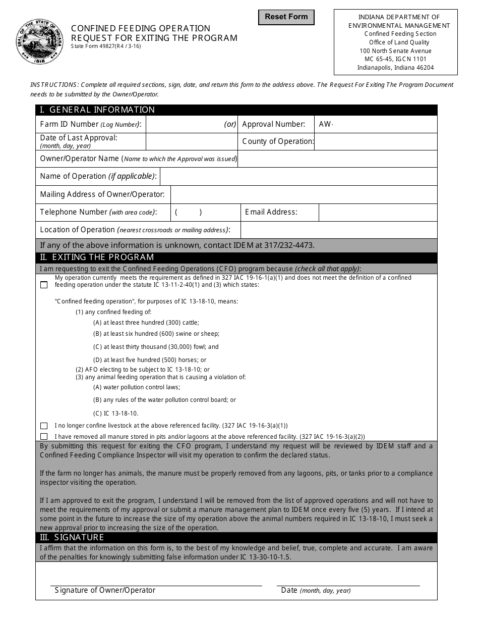 State Form 49827 Confined Feeding Operation Request for Exiting the Program - Indiana, Page 1