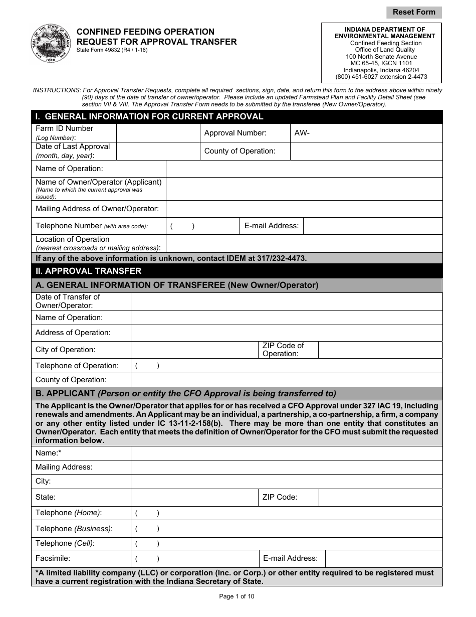 State Form 49832 Confined Feeding Operation Request for Approval Transfer - Indiana, Page 1