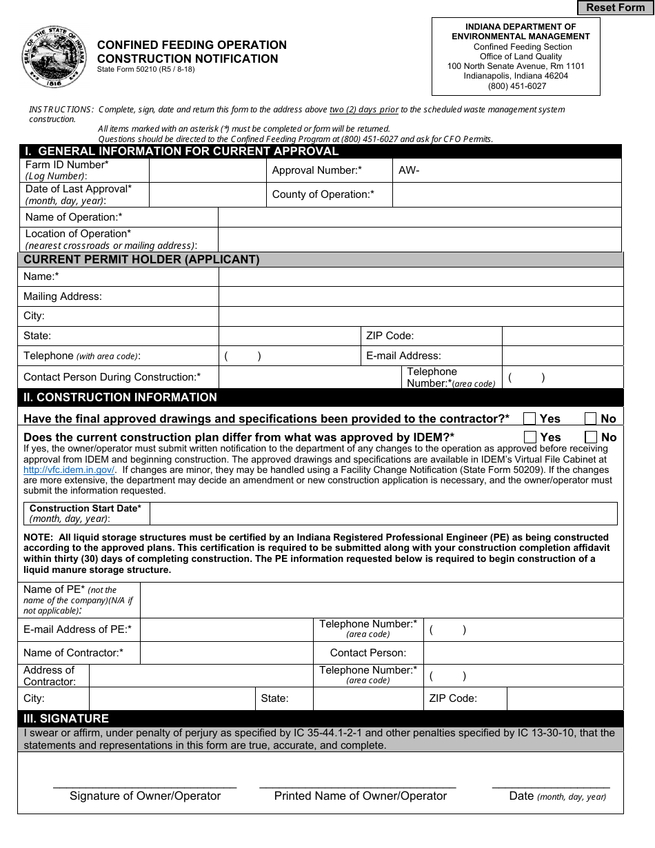 State Form 50210 Confined Feeding Operation Construction Notification - Indiana, Page 1