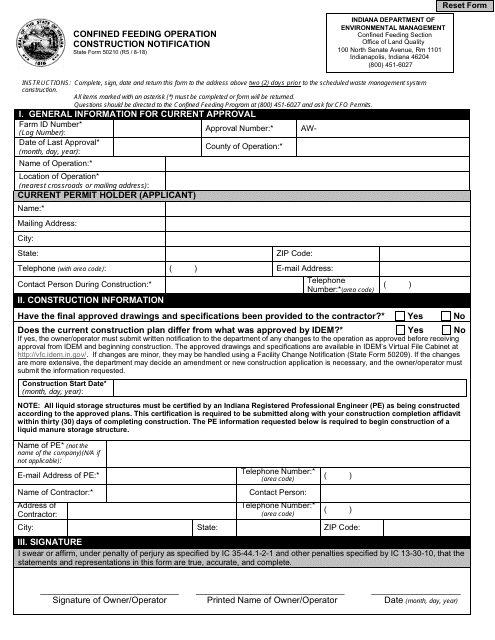 State Form 50210 Confined Feeding Operation Construction Notification - Indiana