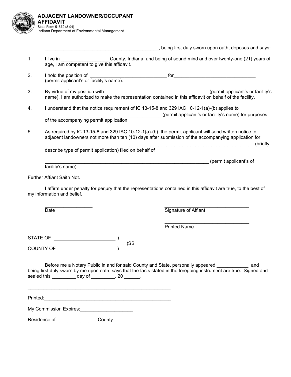 State Form 51872 Adjacent Landowner / Occupant Affidavit - Indiana, Page 1