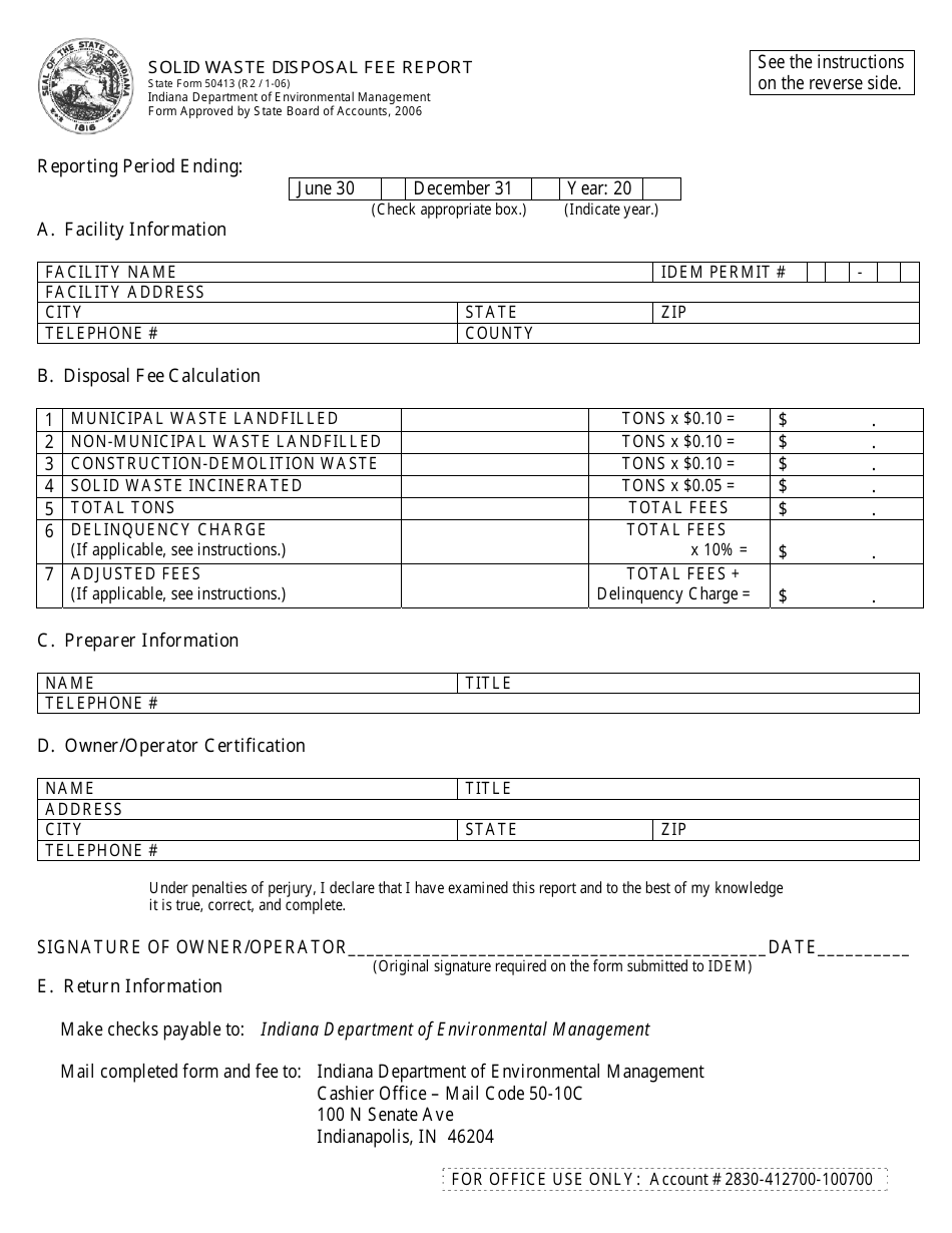 State Form 50413 Solid Waste Disposal Fee Report - Indiana, Page 1