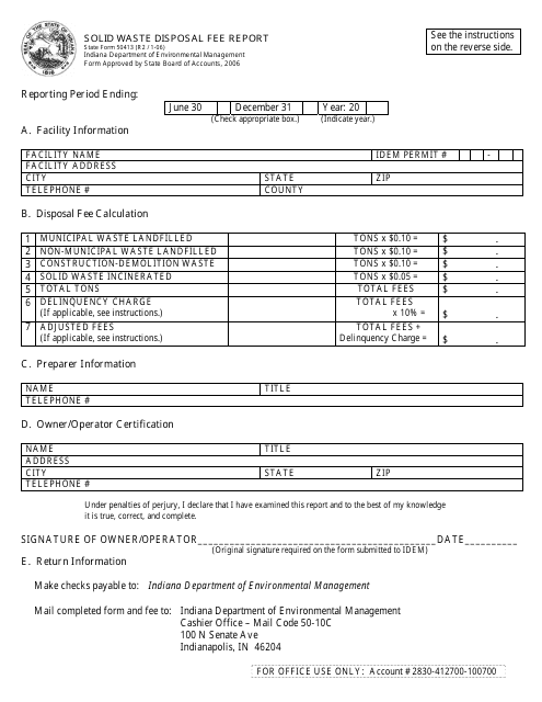 State Form 50413 Solid Waste Disposal Fee Report - Indiana