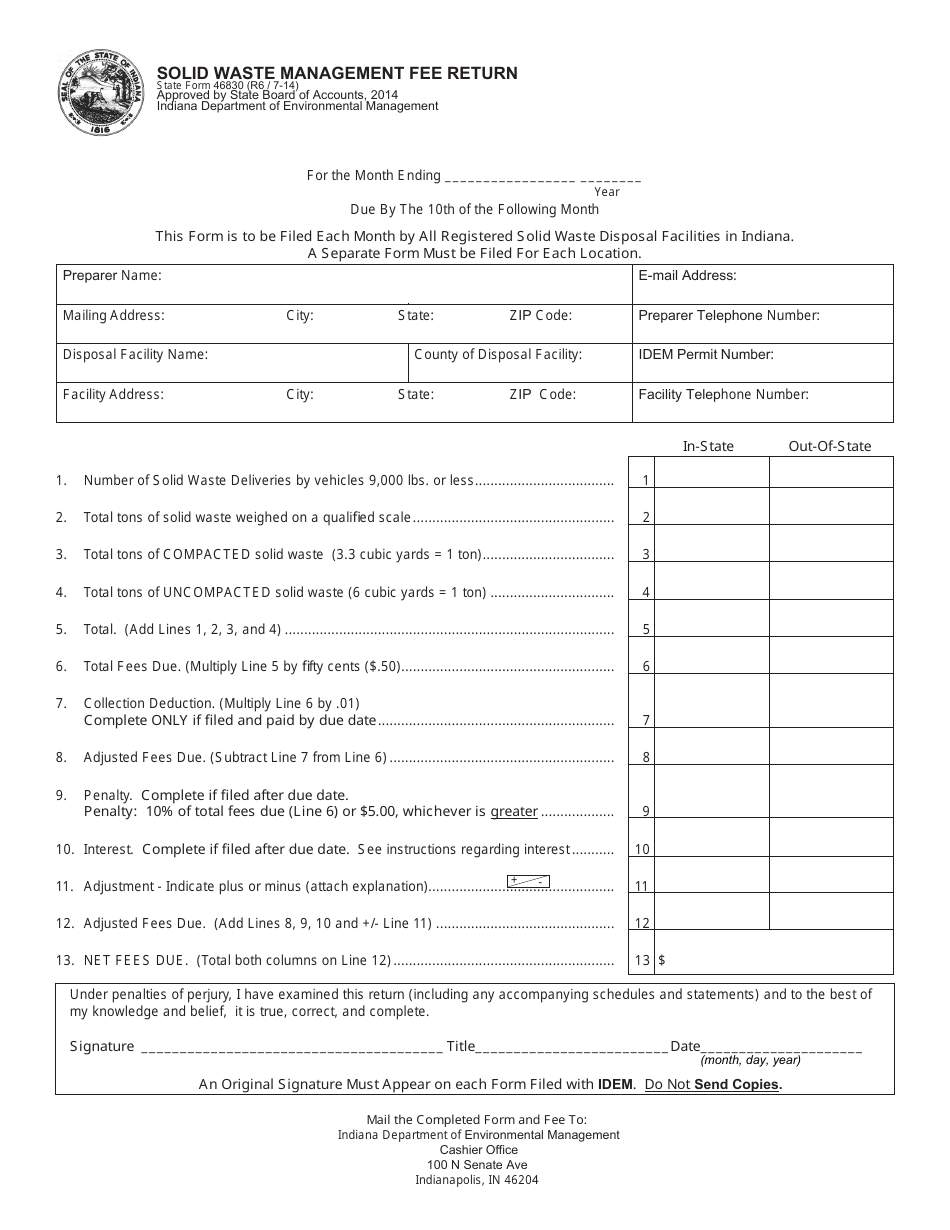 State Form 46830 Solid Waste Management Fee Return - Indiana, Page 1