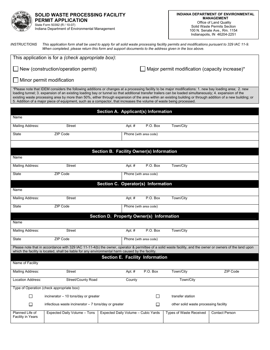 State Form 50392 Solid Waste Processing Facility Permit Application - Indiana, Page 1