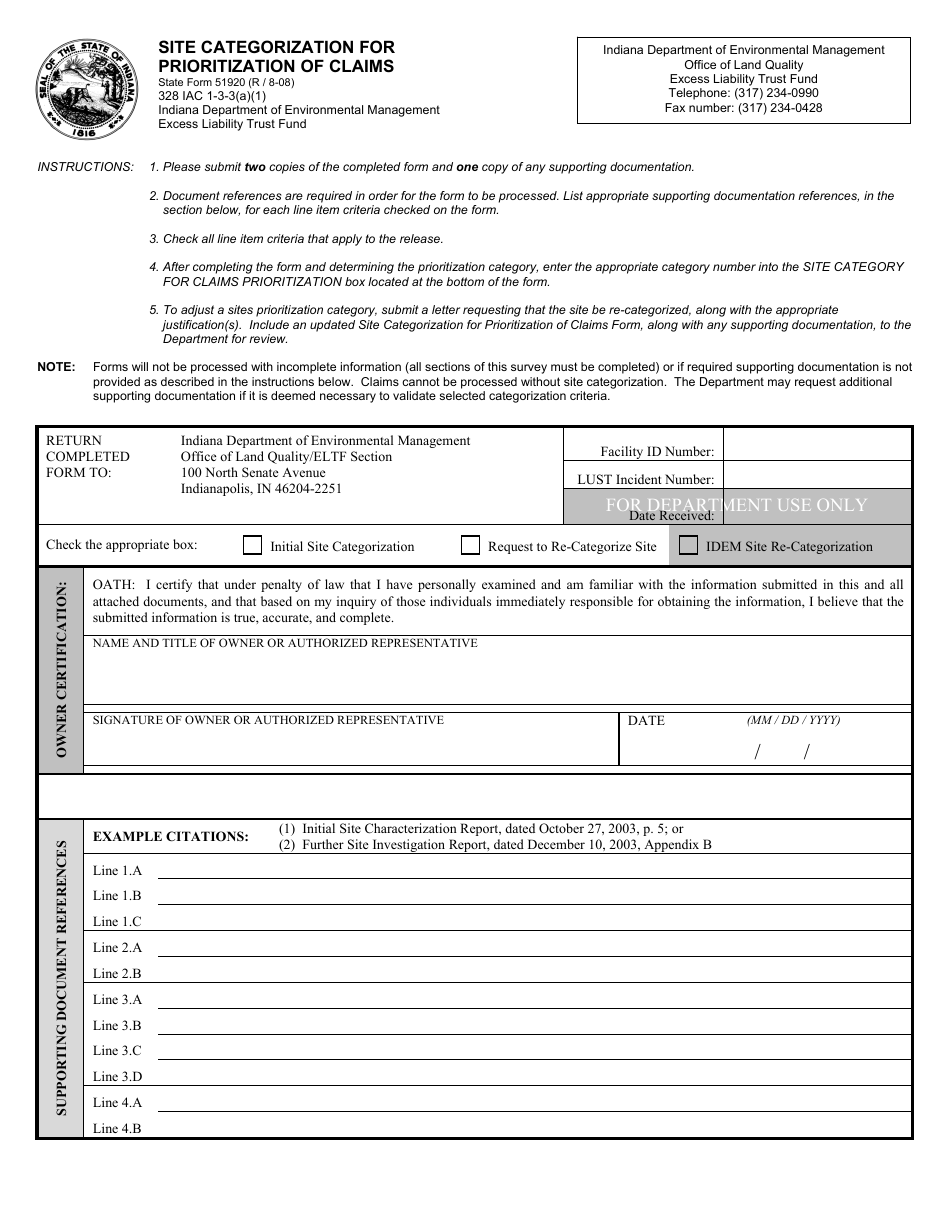 State Form 51920 Site Categorization for Prioritization of Claims - Indiana, Page 1
