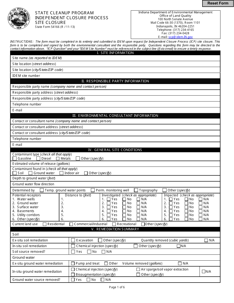 State Form 54166 State Cleanup Program Independent Closure Process Site Closure - Indiana, Page 1