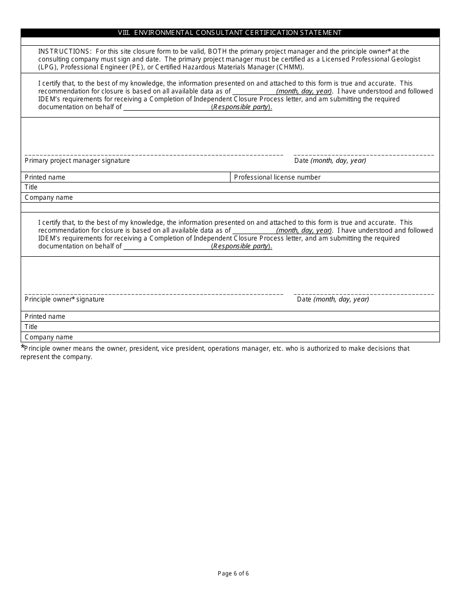 State Form 54166 State Cleanup Program Independent Closure Process Site Closure - Indiana, Page 6