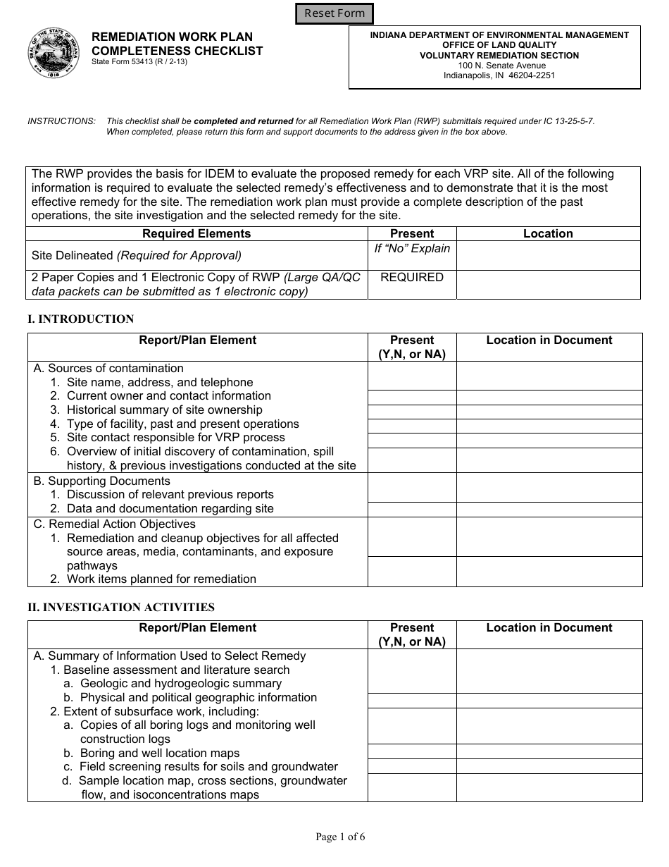 State Form 53413 Remediation Work Plan Completeness Checklist - Indiana, Page 1