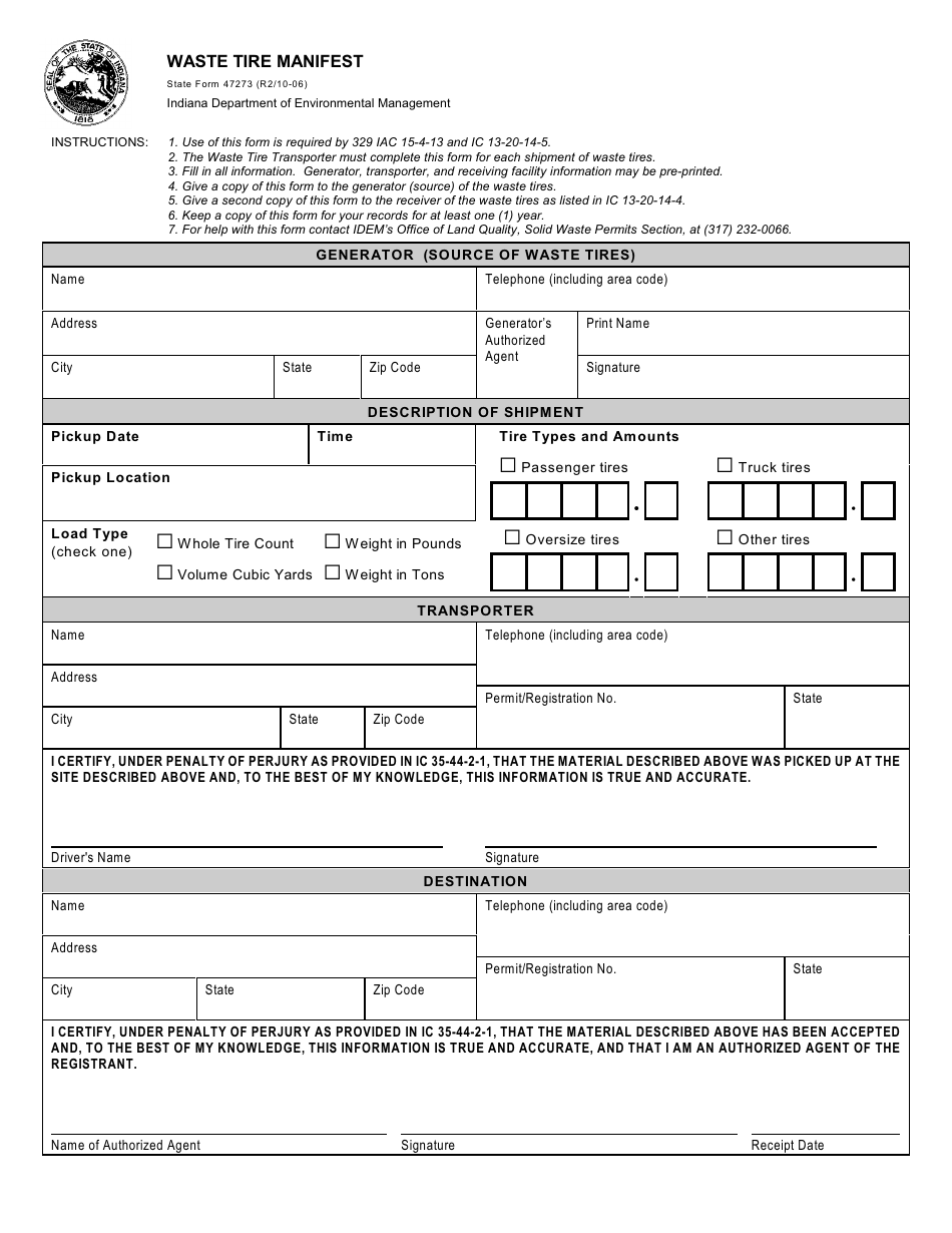 State Form 47273 Waste Tire Manifest - Indiana, Page 1