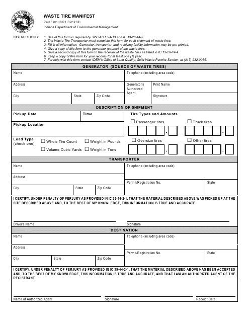 State Form 47273 Waste Tire Manifest - Indiana