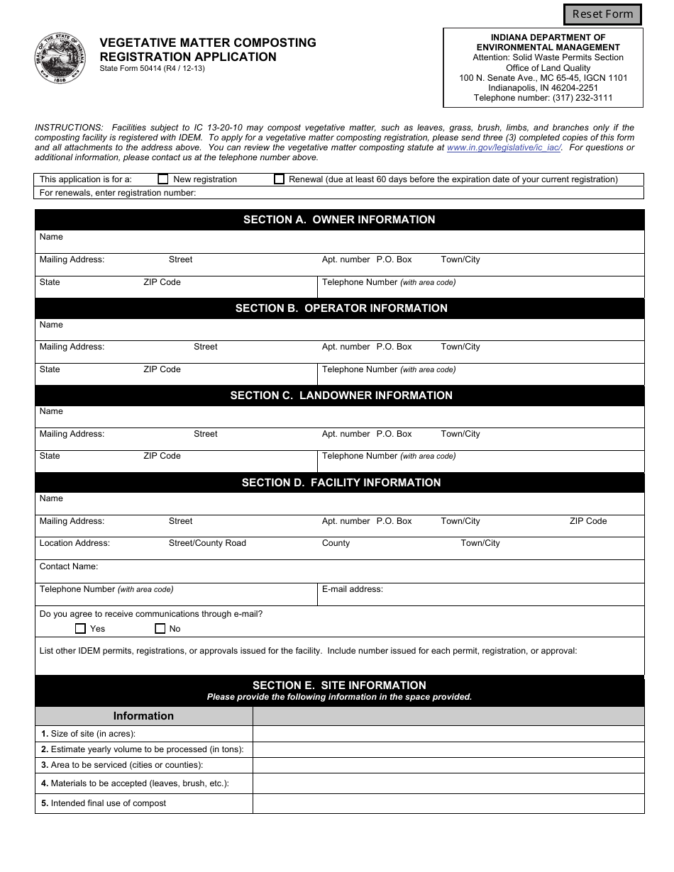 State Form 50414 Vegetative Matter Composting Registration Application - Indiana, Page 1