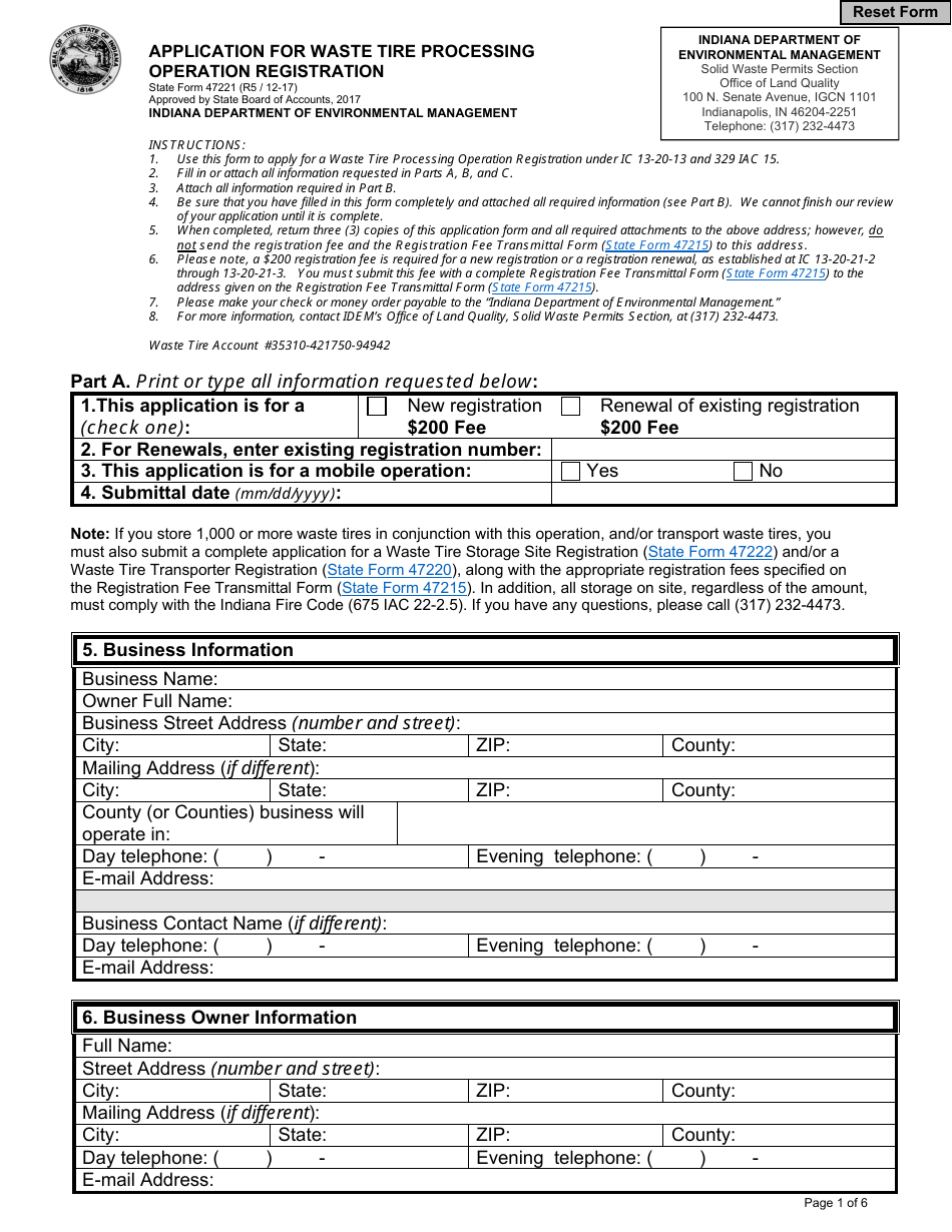 State Form 47221 Application for Waste Tire Processing Operation Registration - Indiana, Page 1