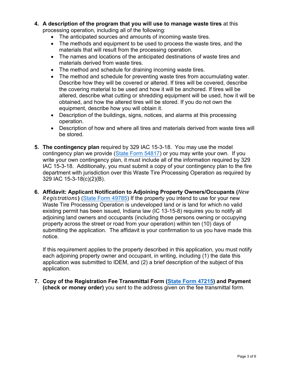 State Form 47221 Application for Waste Tire Processing Operation Registration - Indiana, Page 3