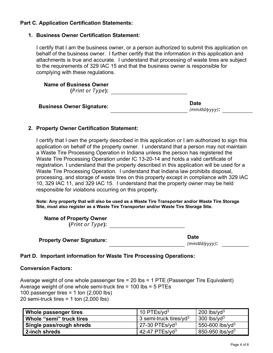 State Form 47221 Application for Waste Tire Processing Operation Registration - Indiana, Page 4