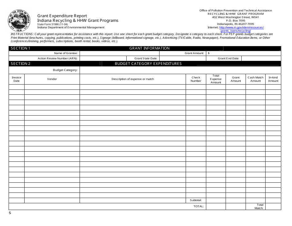 State Form 51986 Grant Expenditure Report - Indiana Recycling  Hhw Grant Programs - Indiana, Page 1