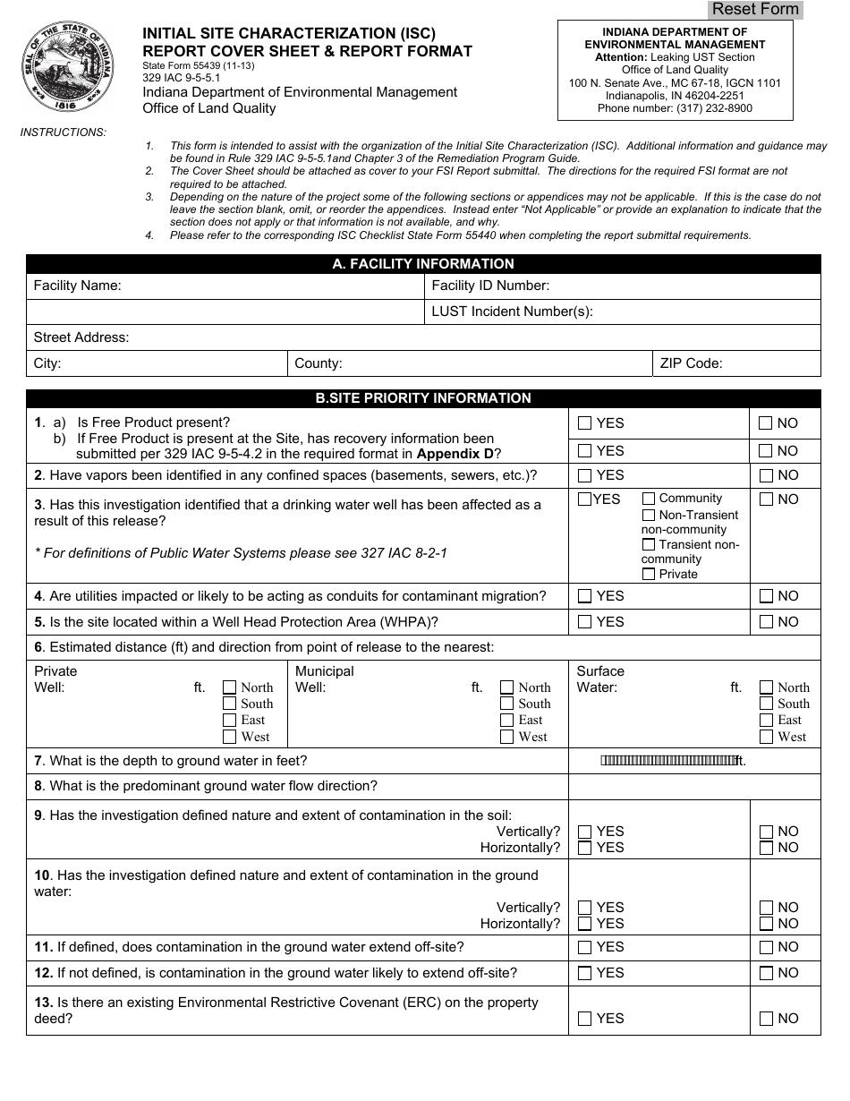 State Form 55439 Initial Site Characterization (Isc) Report Cover Sheet  Report Format - Indiana, Page 1