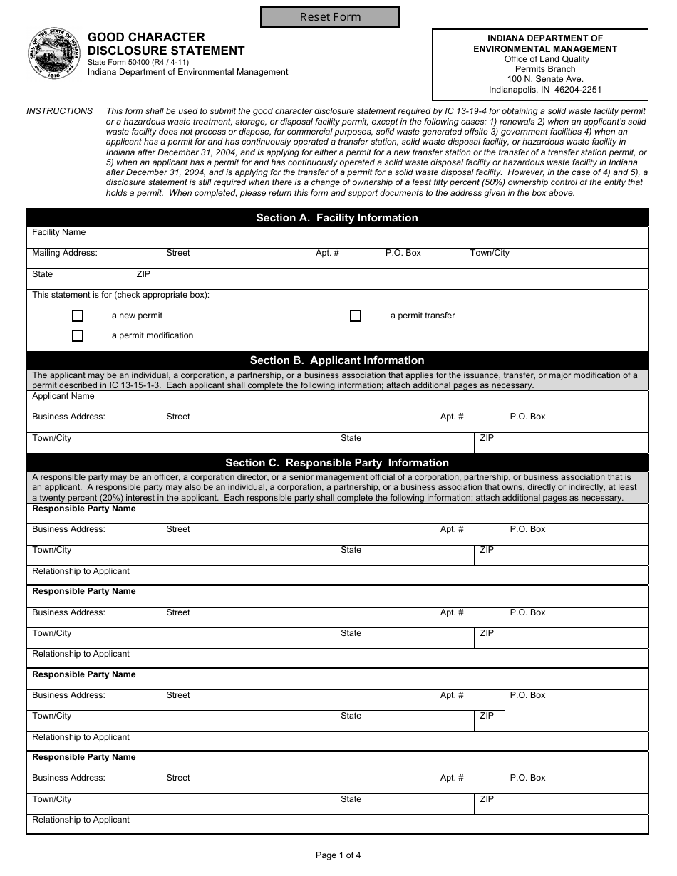 State Form 50400 Good Character Disclosure Statement - Indiana, Page 1