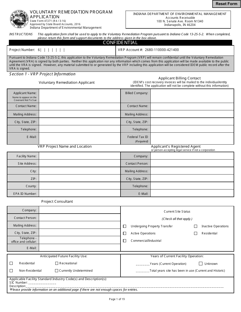 State Form 47271 Voluntary Remediation Program Application - Indiana, Page 1