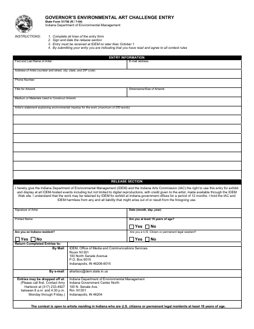 State Form 51756 Governor's Environmental Art Challenge Entry - Indiana