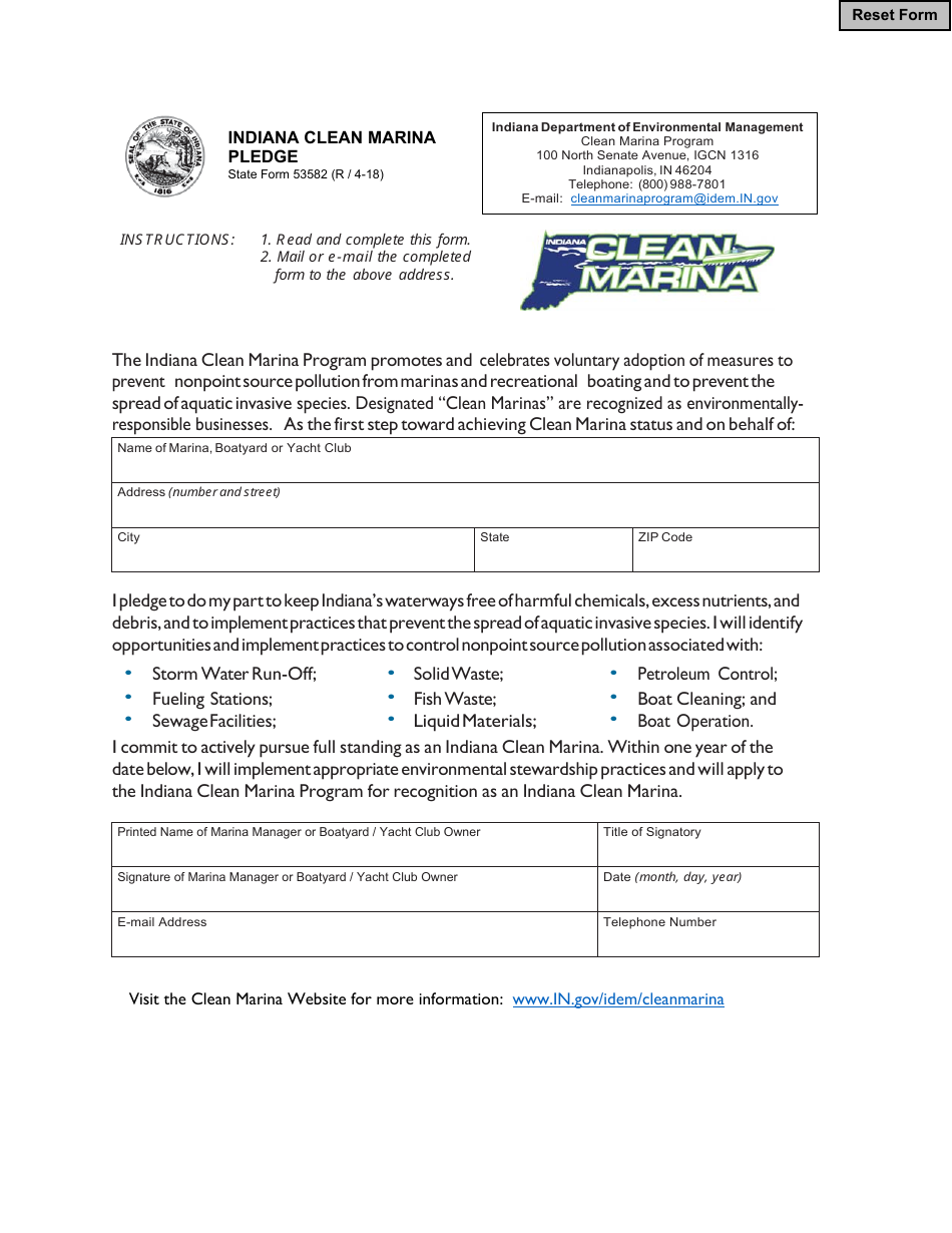 State Form 53582 Indiana Clean Marina Pledge - Indiana, Page 1