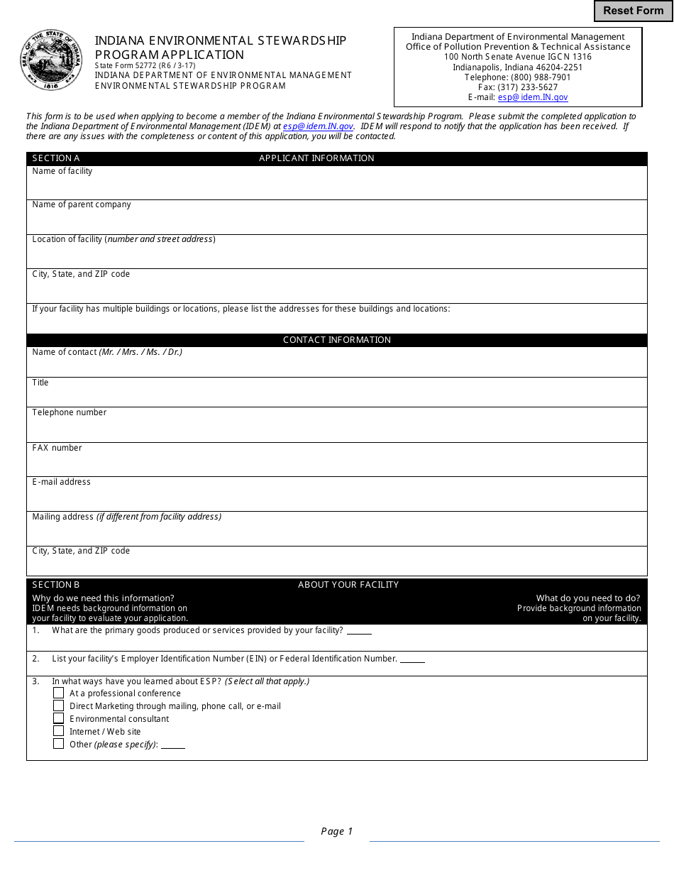 State Form 52772 Indiana Environmental Stewardship Program Application - Indiana, Page 1