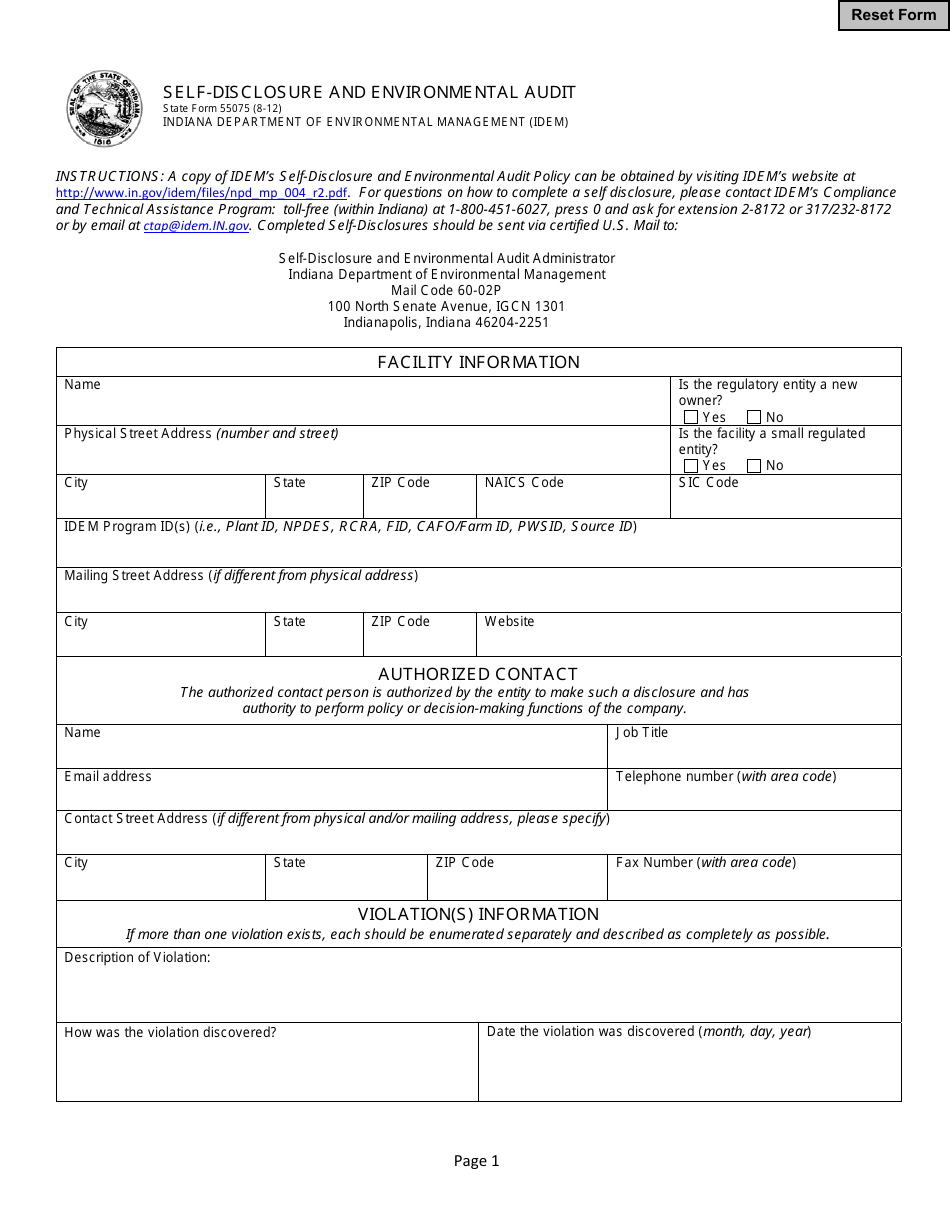 State Form 55075 Self-disclosure and Environmental Audit - Indiana, Page 1