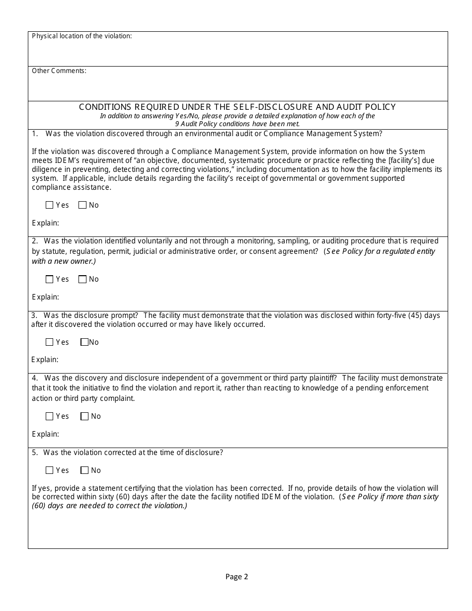 State Form 55075 Self-disclosure and Environmental Audit - Indiana, Page 2